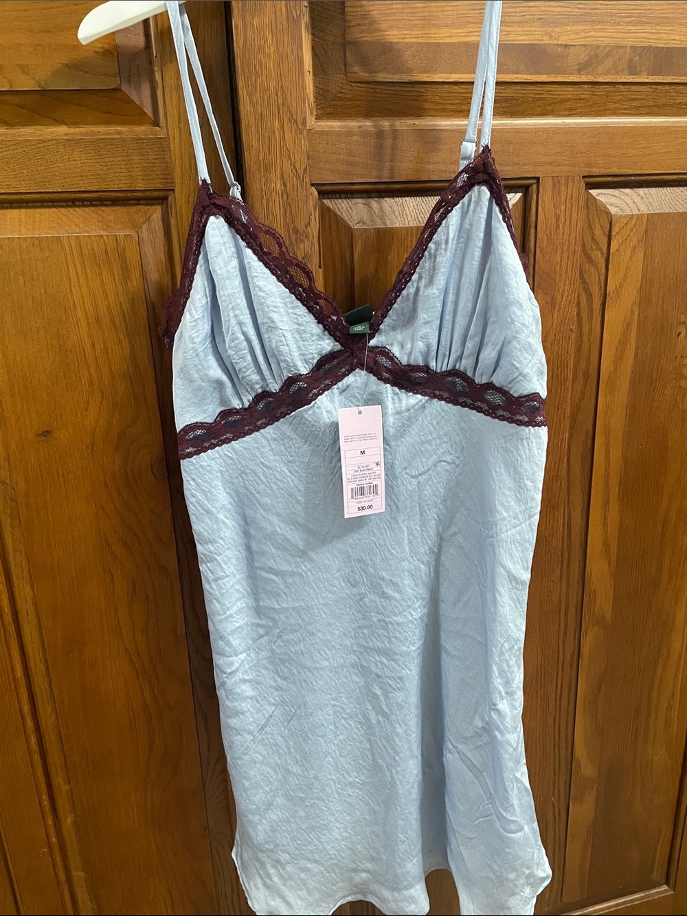 Light Blue Slip Dress w Brown  Lace Trim, summer or intimates NWT Sz. M  W Fsble